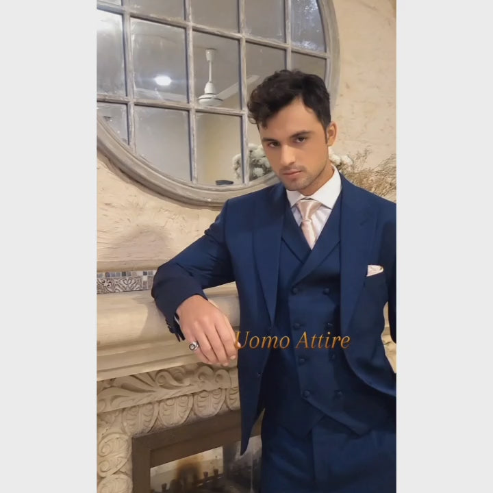 Charger et lire la vidéo dans la visionneuse de la Galerie, Luxurious Customized Mid-Night Blue Three-Piece Suit for Men