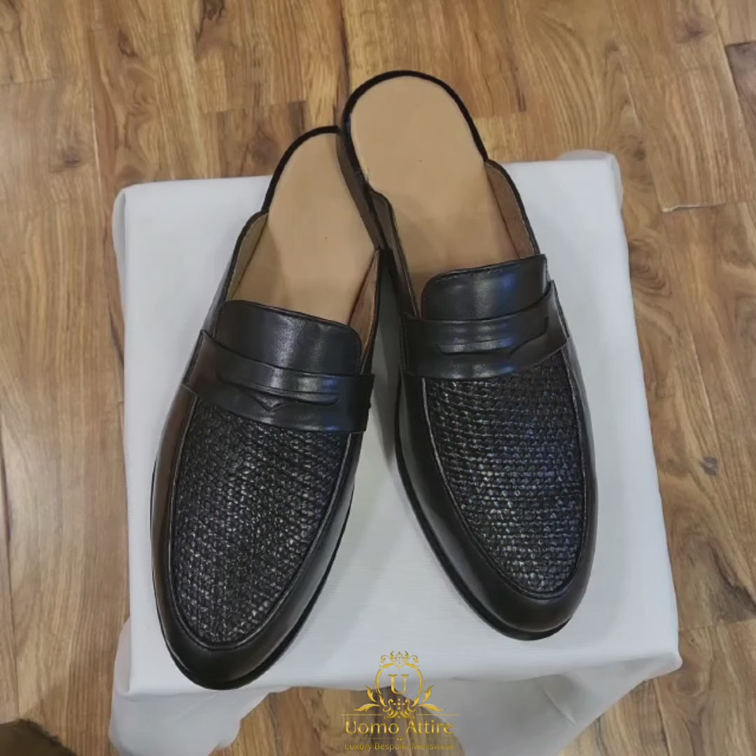 Load and play video in Gallery viewer, Black backless crocodile leather shoes | Leather Shoes for Men