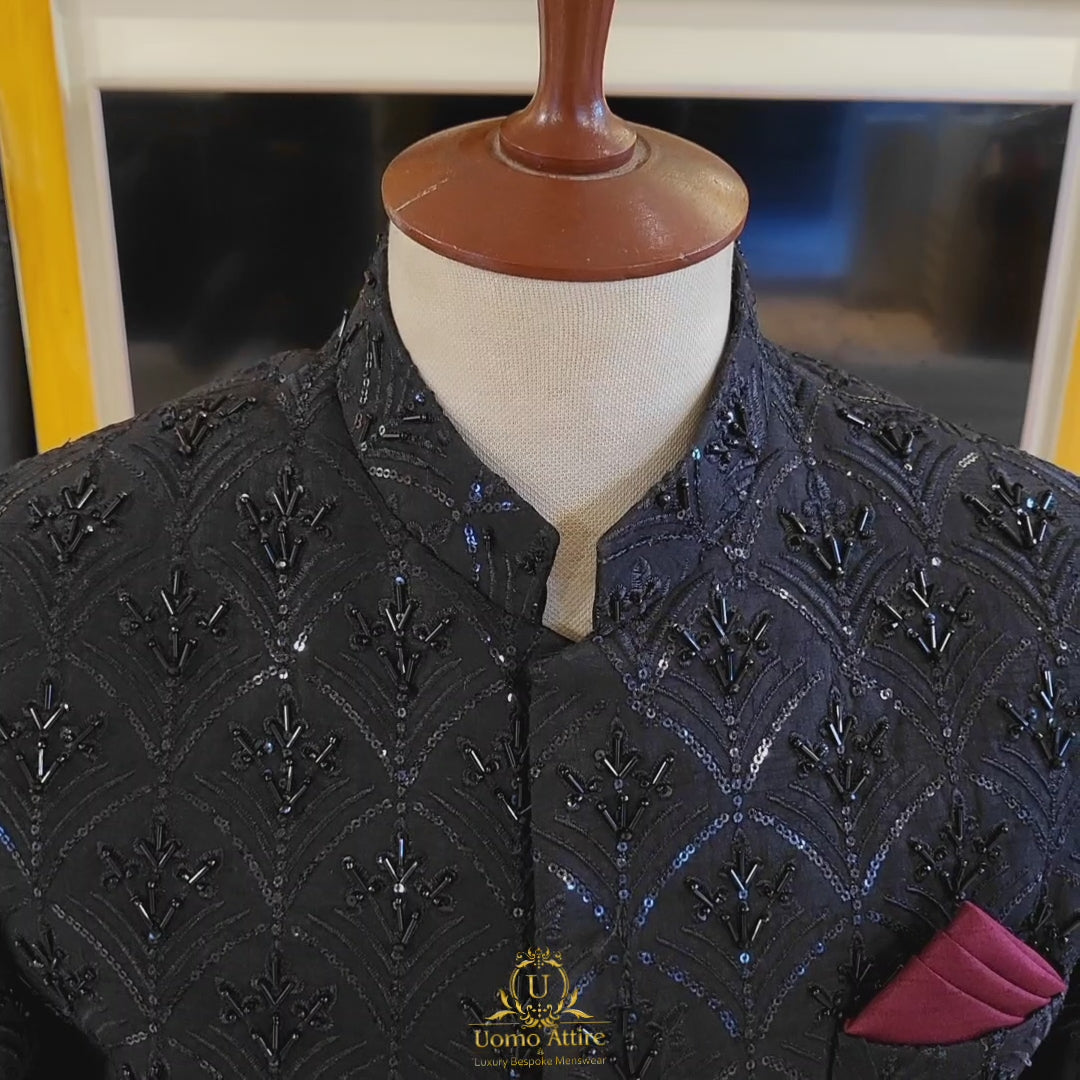 
                  
                    Load and play video in Gallery viewer, Fully embellished jet black sherwani for wedding
                  
                
