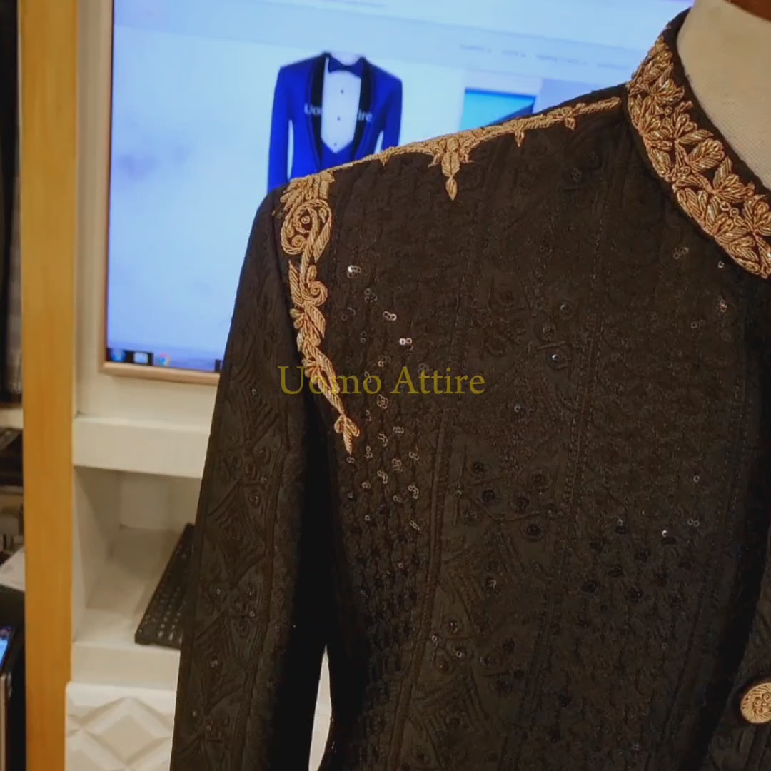 Carica e riproduci video nel visualizzatore Galleria, Embroidered Classic Black Wedding Sherwani for Groom Complete Package