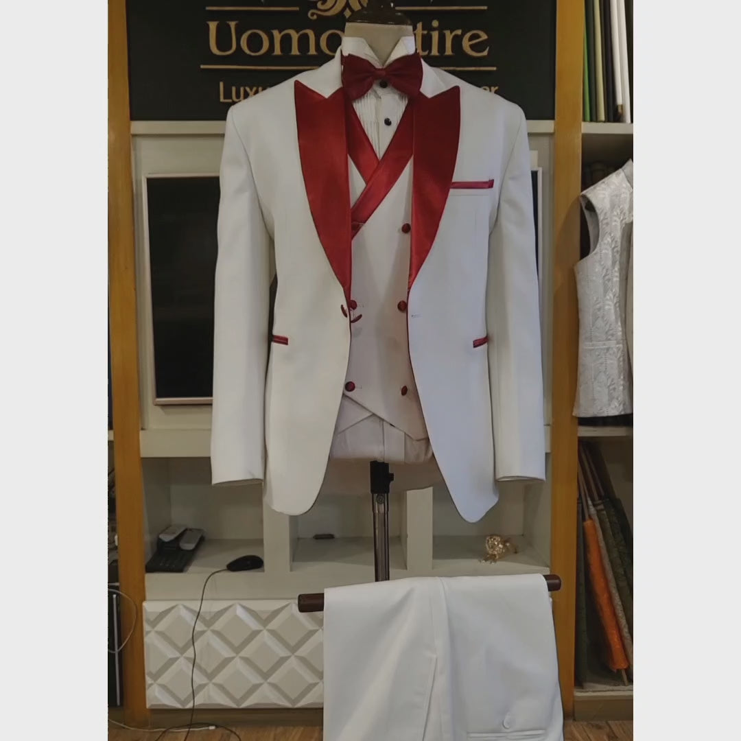 Load and play video in Gallery viewer, Custom-tailored slim fit tuxedo three piece suit with contrast shawl