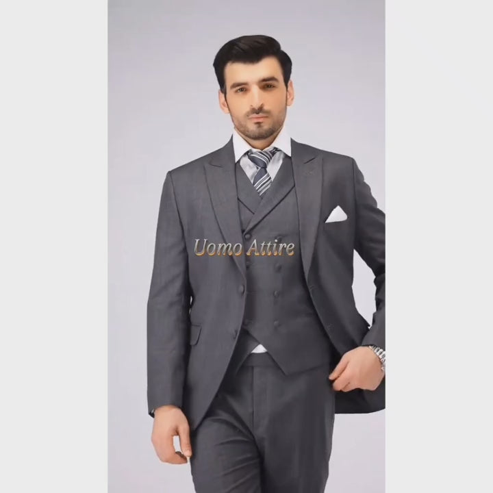 Load and play video in Gallery viewer, Refined Italian Wool Charcoal Grey Three-Piece Suit For Mens