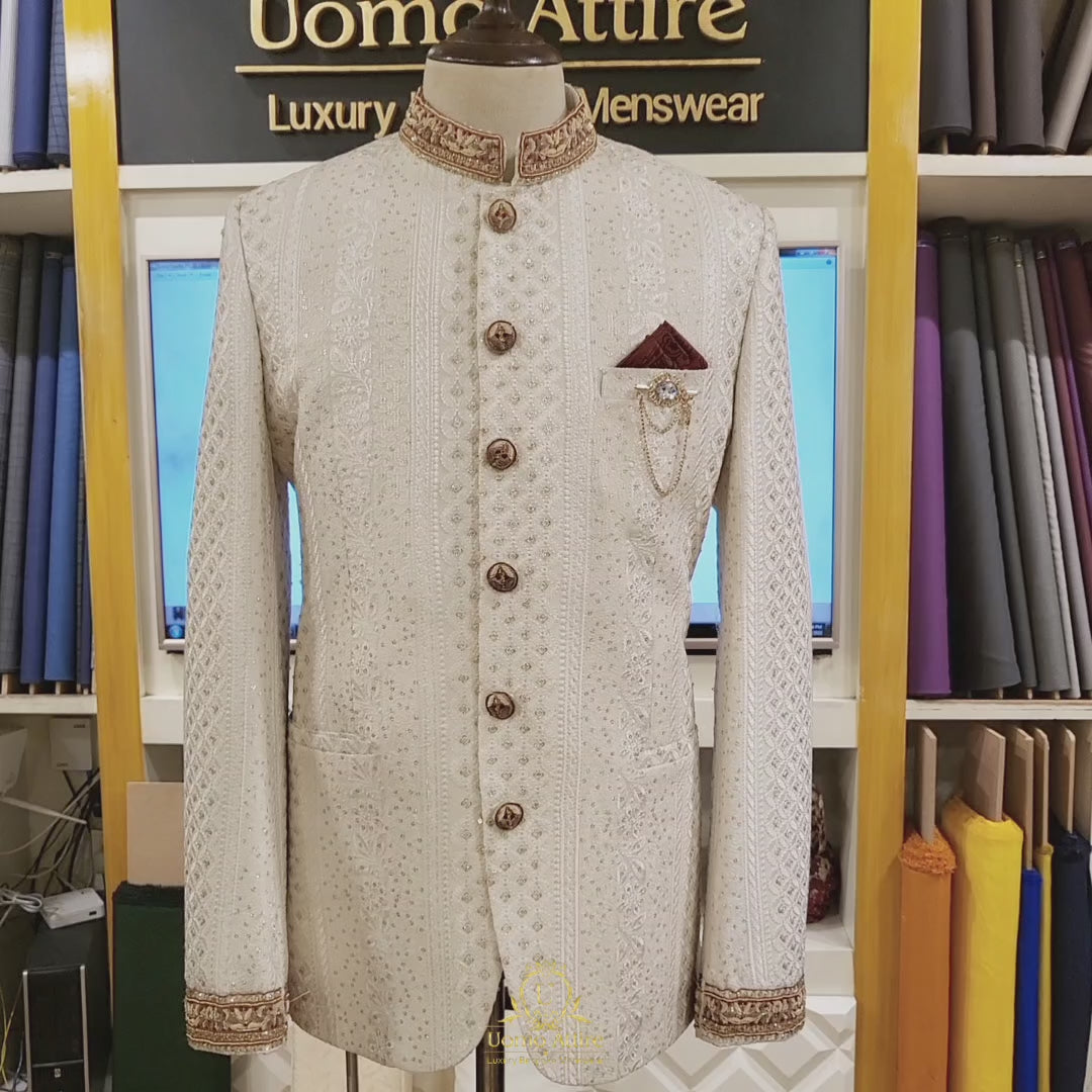 
                  
                    Load and play video in Gallery viewer, Luxurious fully embroidered cream color prince coat | Prince coat for groom and nikkah 5
                  
                