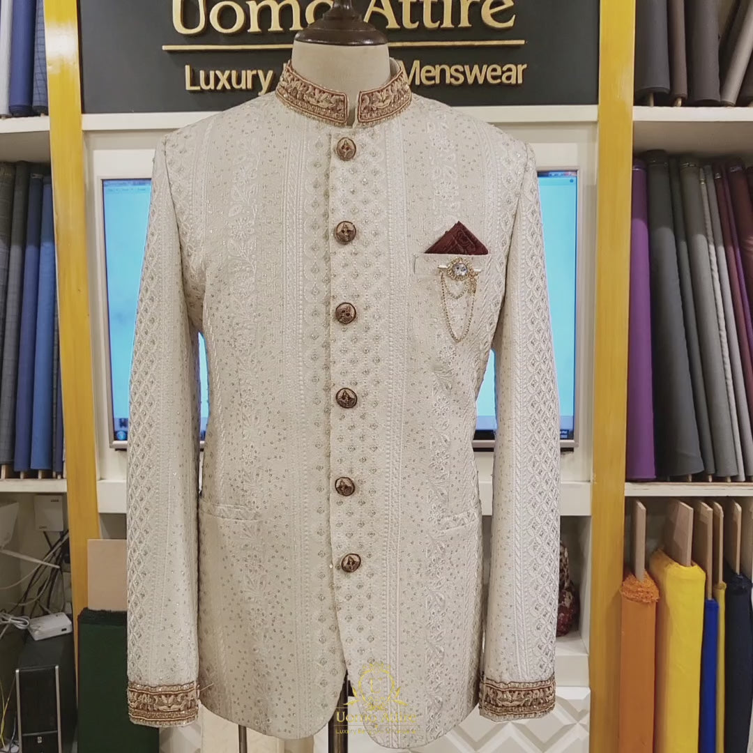 Carica e riproduci video nel visualizzatore Galleria, Luxurious fully embroidered cream color prince coat | Prince coat for groom and nikkah 5