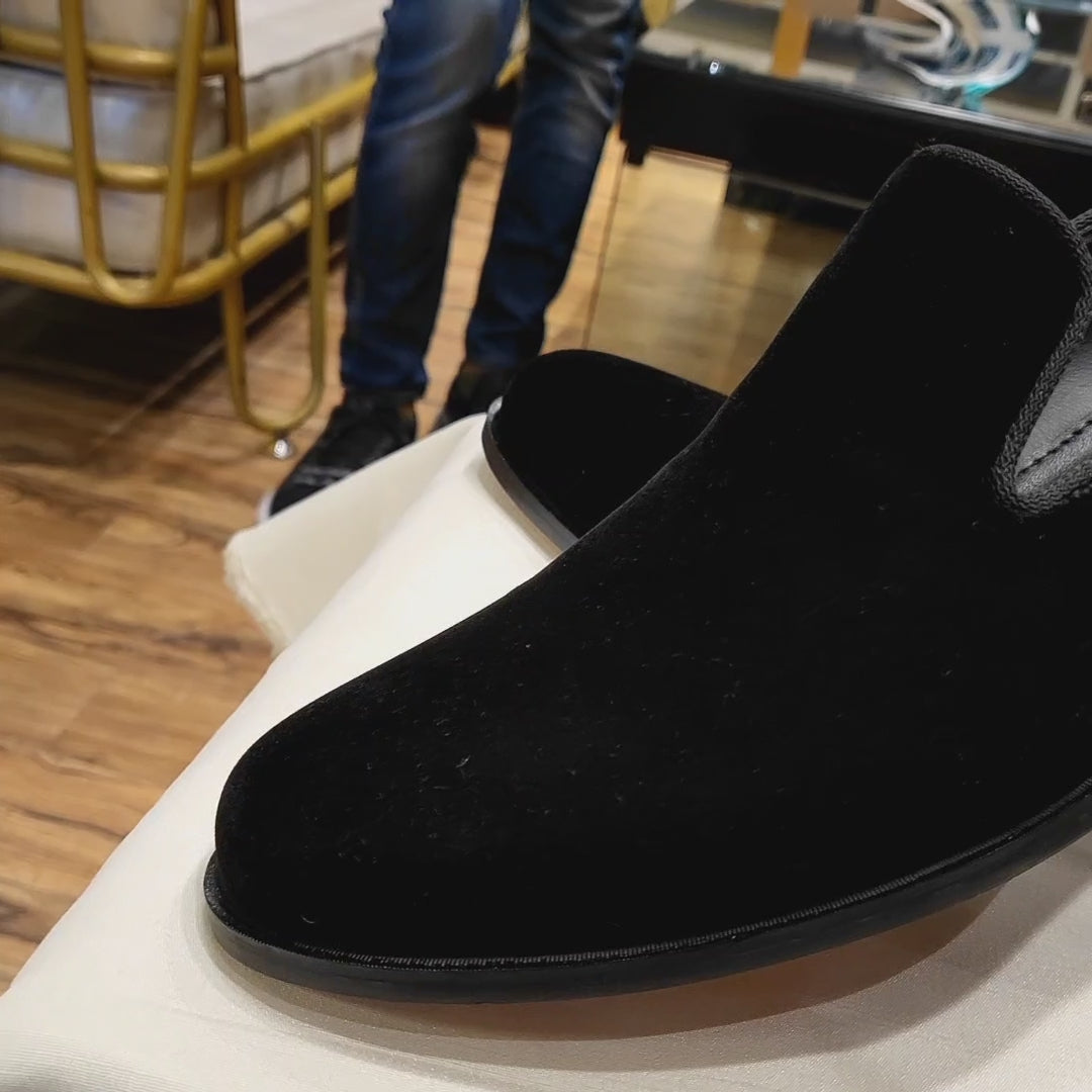 Load and play video in Gallery viewer, Designer Velvet Black Shoes for Groom | Black Velvet Shoes