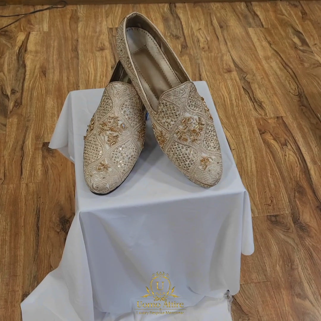 Load and play video in Gallery viewer, Shoes | Golden Micro Embellished Shoes | Golden Fabric Shoes for Groom