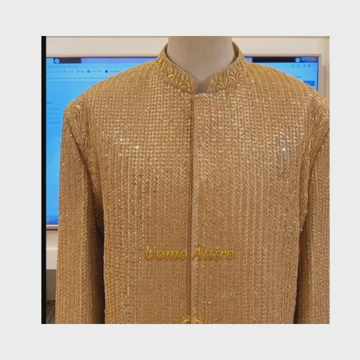 Load and play video in Gallery viewer, Luxury Custom-Made Beige Sherwani for Groom with Full Embellishments and Maroon Turban