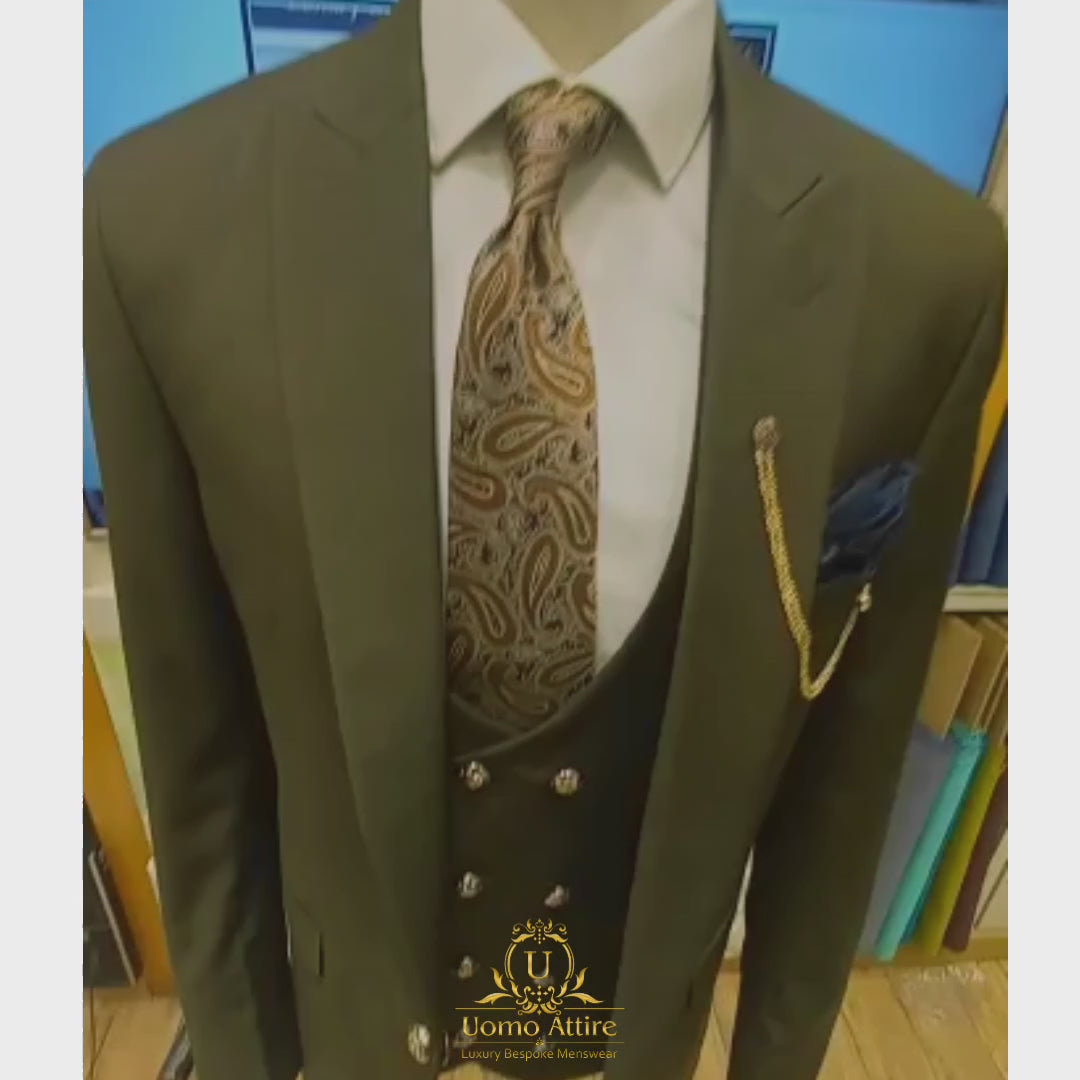 Carica e riproduci video nel visualizzatore Galleria, Olive green slim fit customized 3 piece suit | 3 Piece Suit