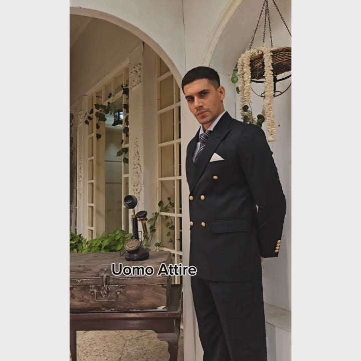 Load and play video in Gallery viewer, Luxurious Italian Fabric Black Double-Breasted Suit with Golden Brass Buttons
