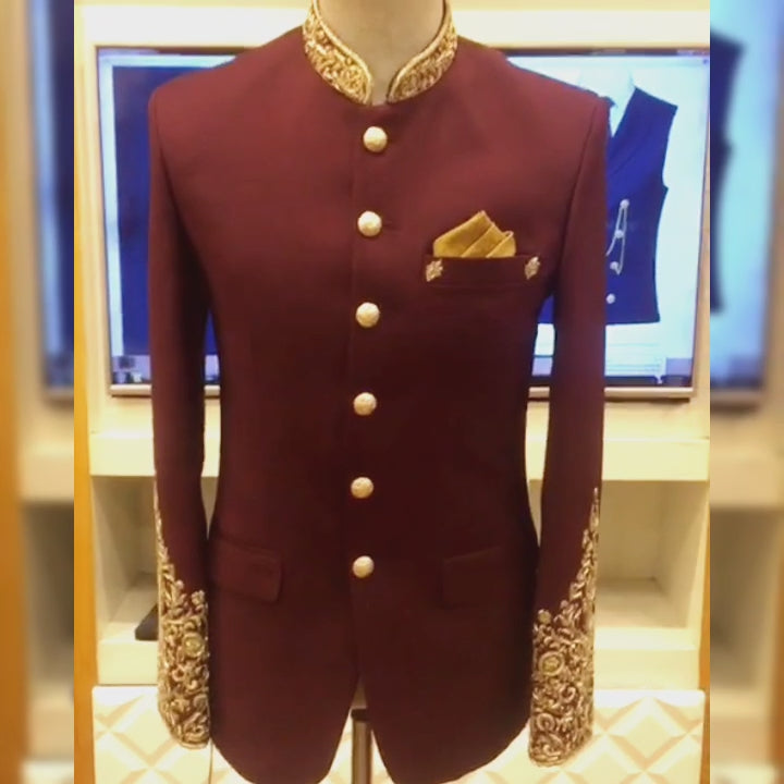Load and play video in Gallery viewer, Maroon prince coat with micro embellishment | Maroon prince coat for groom