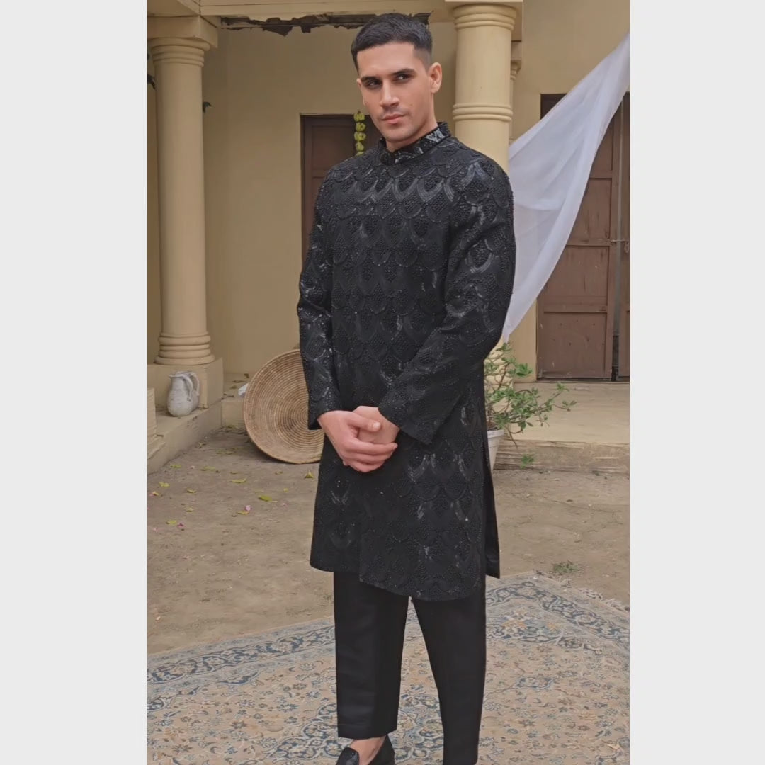 Load and play video in Gallery viewer, Custom Made Luxury Black Fully Embellished Sherwani for Groom