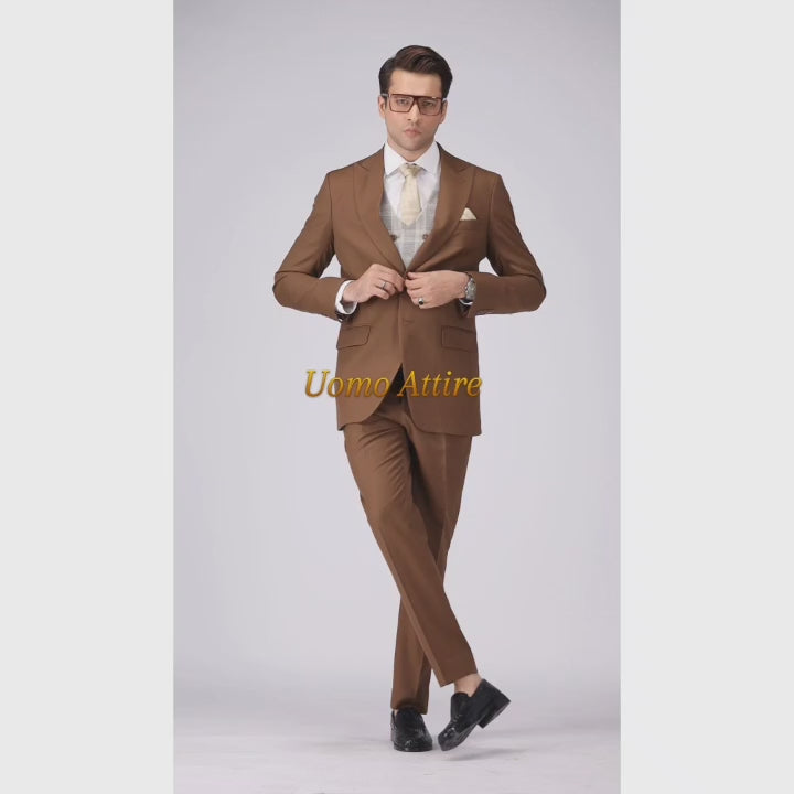 Load and play video in Gallery viewer, Custom-Made Regal Italian Luxury Brown Three-Piece Suit