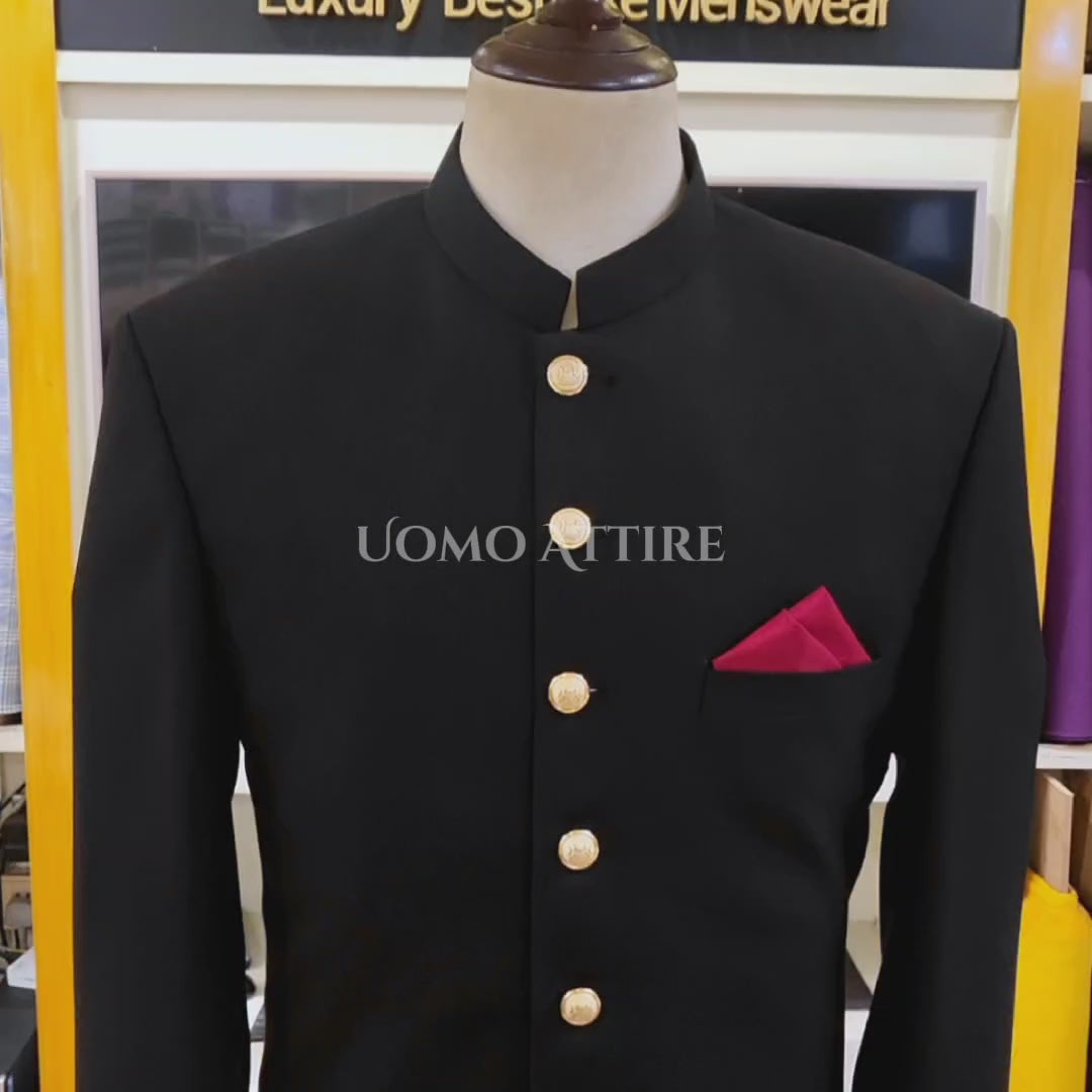 Carica e riproduci video nel visualizzatore Galleria, Black Tropical Fabric Wedding Sherwani for Groom