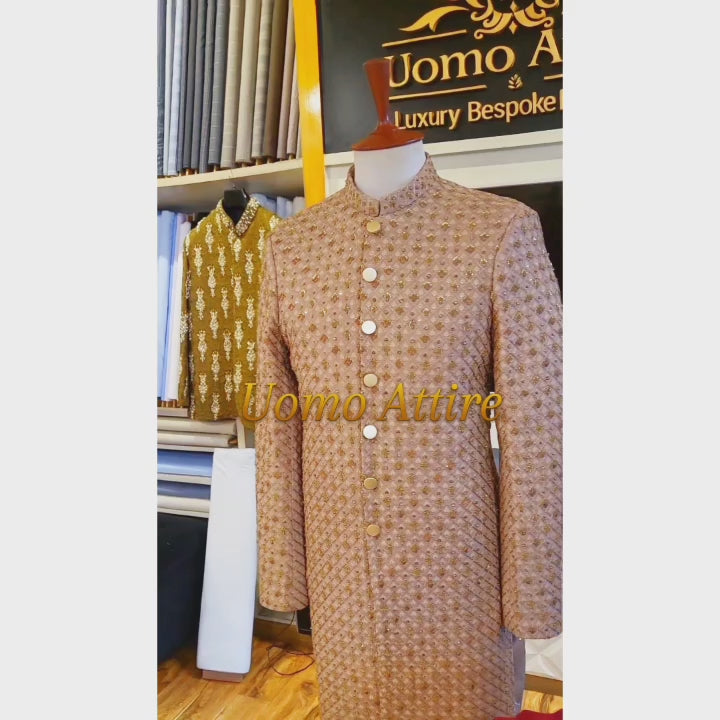 Load and play video in Gallery viewer, Luxury Biedge Colour Sherwani For Groom With Fully Emblishment