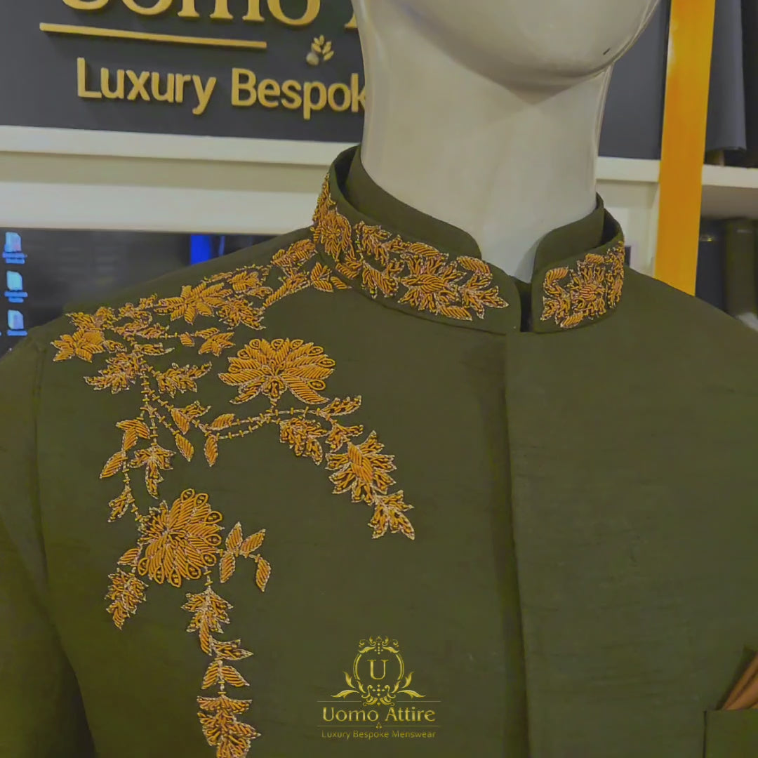 Load and play video in Gallery viewer, Deep Green Waistcoat with Kurta Pajama for Mehndi | Waistcoat with Kurta Pajama