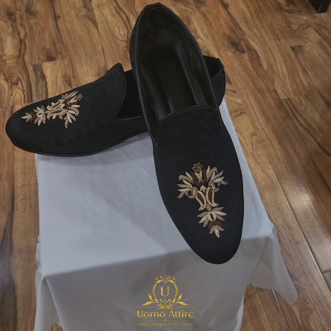 Load and play video in Gallery viewer, Self textured black shoes with hand embellishments for wedding | Black Fabric Shoes for Wedding and Groom