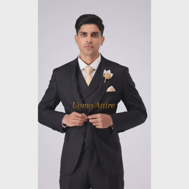 Load and play video in Gallery viewer, Luxurious Italian Fabric black 3-Piece Suit Peak Lapel and Double-Breasted Waistcoat