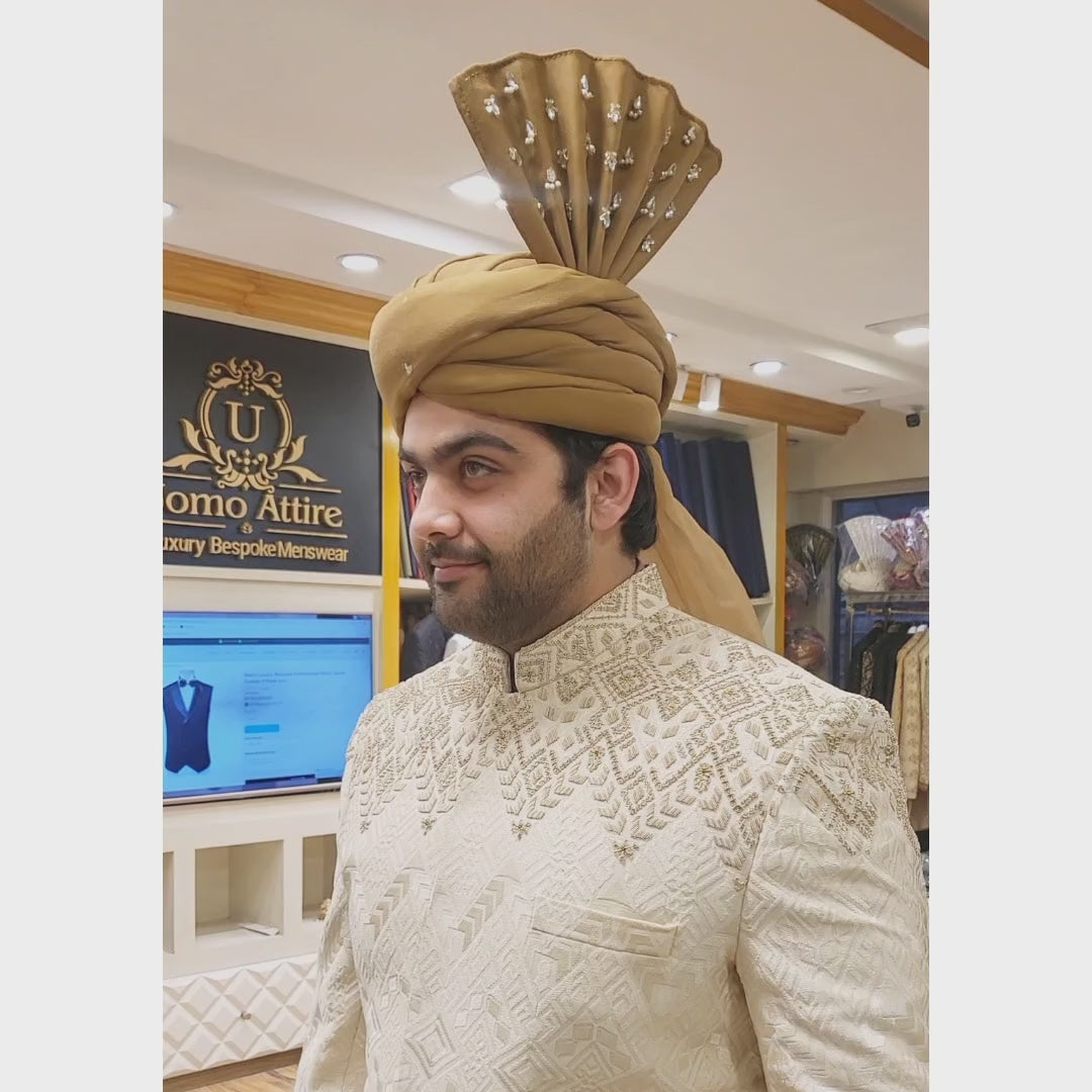Load and play video in Gallery viewer, Designer Off-White Wedding Sherwani in Pure Karandi