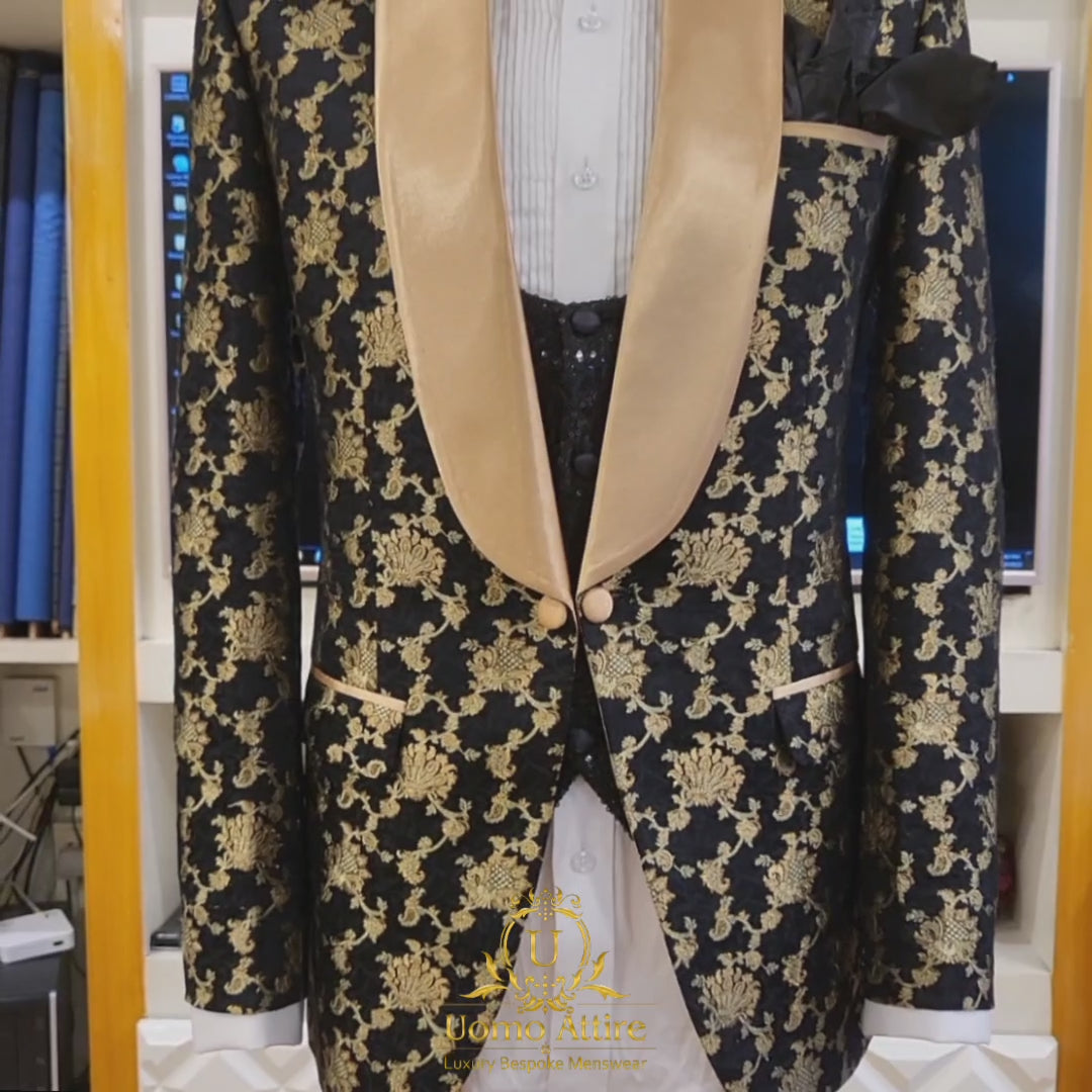Carica e riproduci video nel visualizzatore Galleria, Luxurious tuxedo 3 piece suit with imported satin shawl | Tuxedo Suit