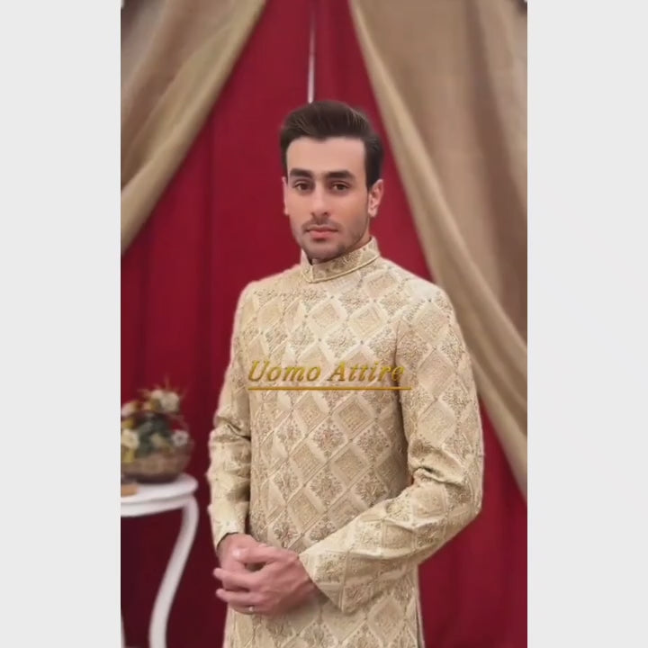 Load and play video in Gallery viewer, Luxurious Iovry Gold Embroidered Sherwani For Men