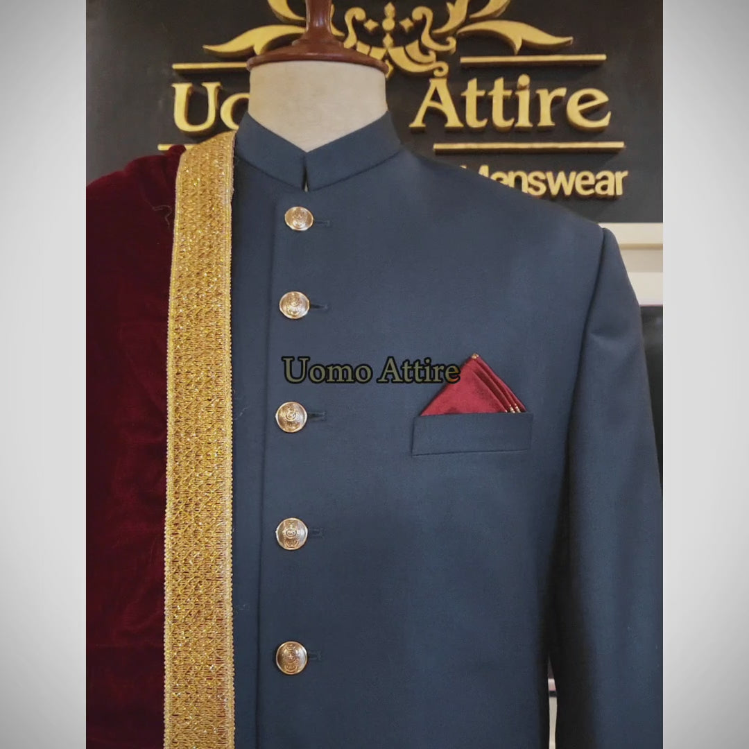 Carica e riproduci video nel visualizzatore Galleria, Lightweight Blue Sherwani for Groom and Groomsmen with Maroon Shawl