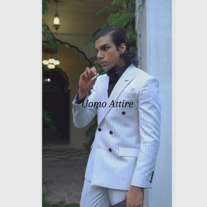 Charger et lire la vidéo dans la visionneuse de la Galerie, Elegant Pinstripe Double-Breasted Suit Timeless Sophistication and Modern Style