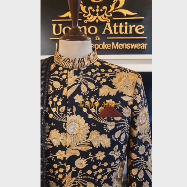 Load and play video in Gallery viewer, Luxury Golden Floral Embroidered Black Sherwani For Groom