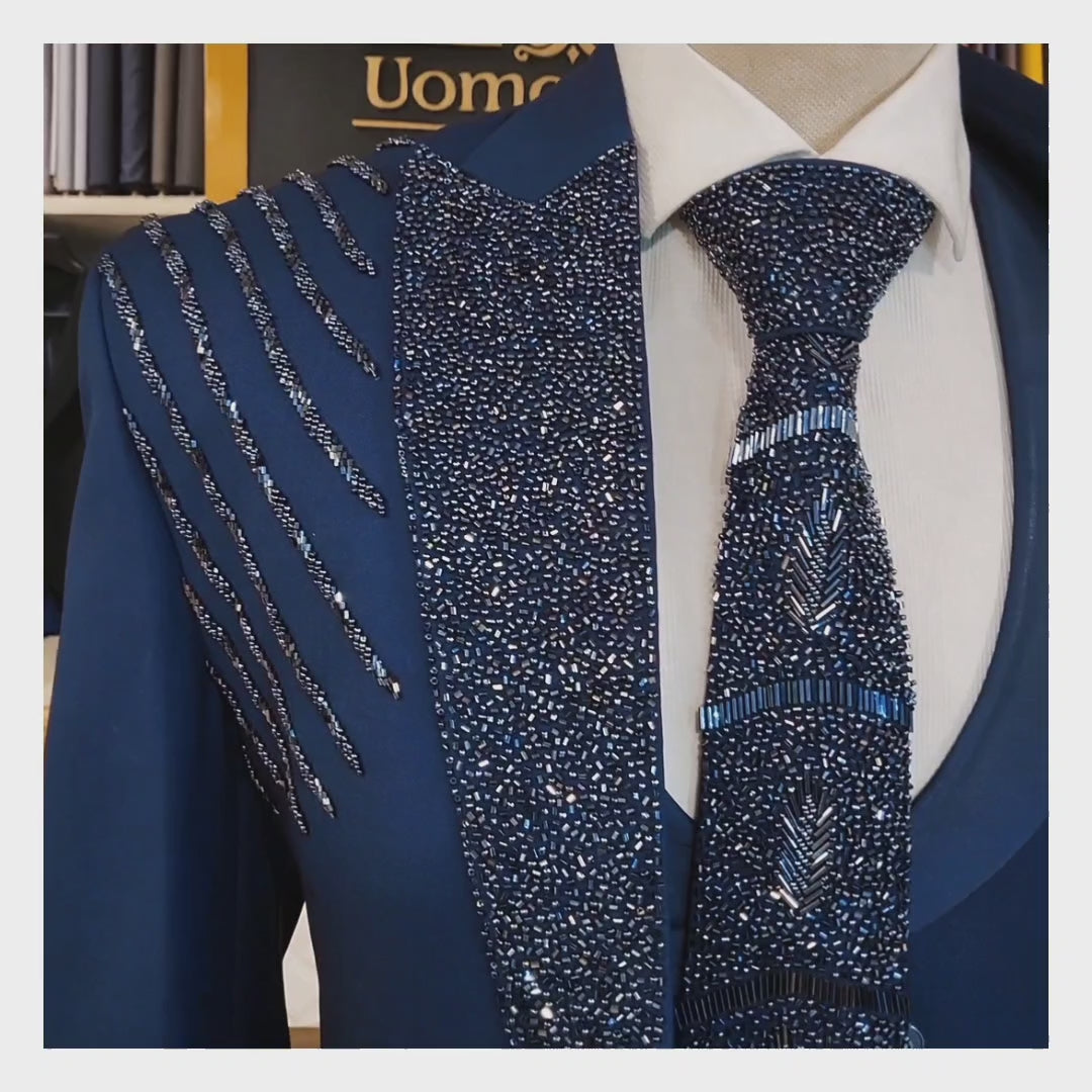 Carica e riproduci video nel visualizzatore Galleria, Mens Designer Blue Wedding Tuxedo for Groom