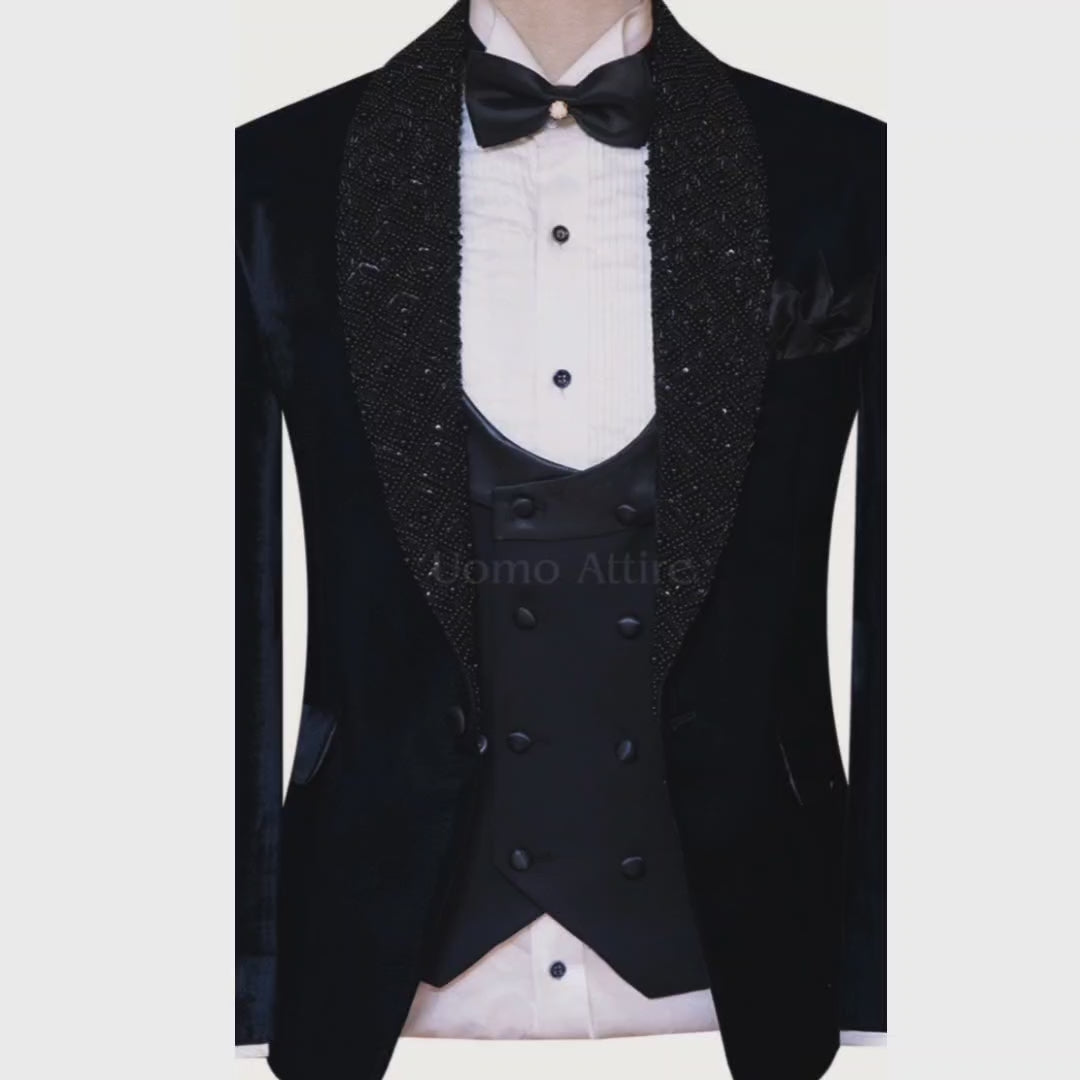 Load and play video in Gallery viewer, Designer groom and party wear black velvet tuxedo suit