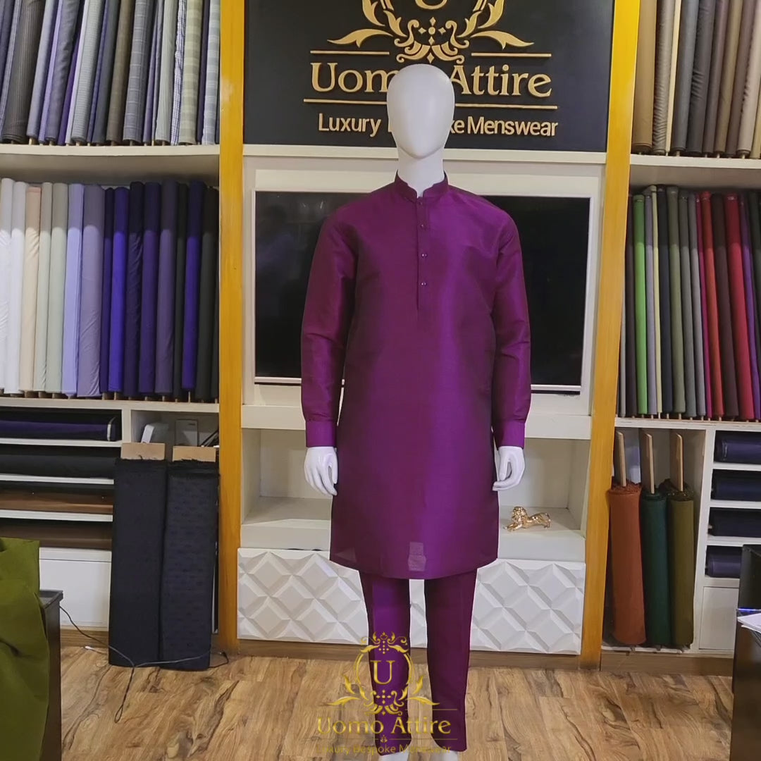 Load and play video in Gallery viewer, Raw silk fabric purple kurta pajama design for men | Mens Kurta Pajama