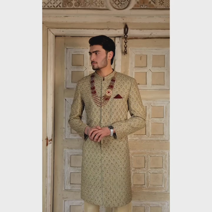 Load and play video in Gallery viewer, Exquisite Custom Light Green Sherwani  For Groom with Golden Embellishments