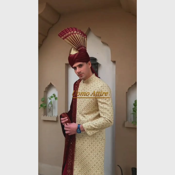 Load and play video in Gallery viewer, Luxurious Light Gold Sherwani Set  for Groom with Maroon Shawl and Turban