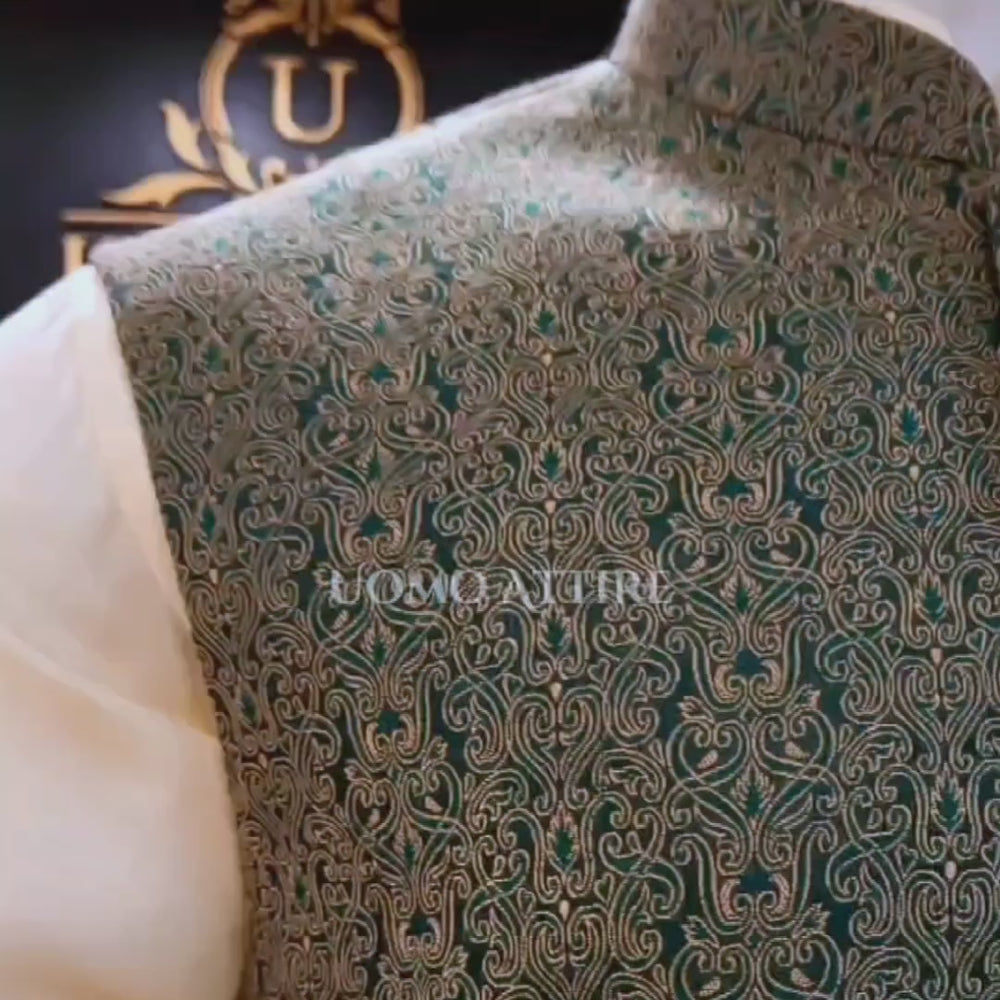 
                  
                    Load and play video in Gallery viewer, Textured green karandi embellished waistcoat | Waistcoat
                  
                