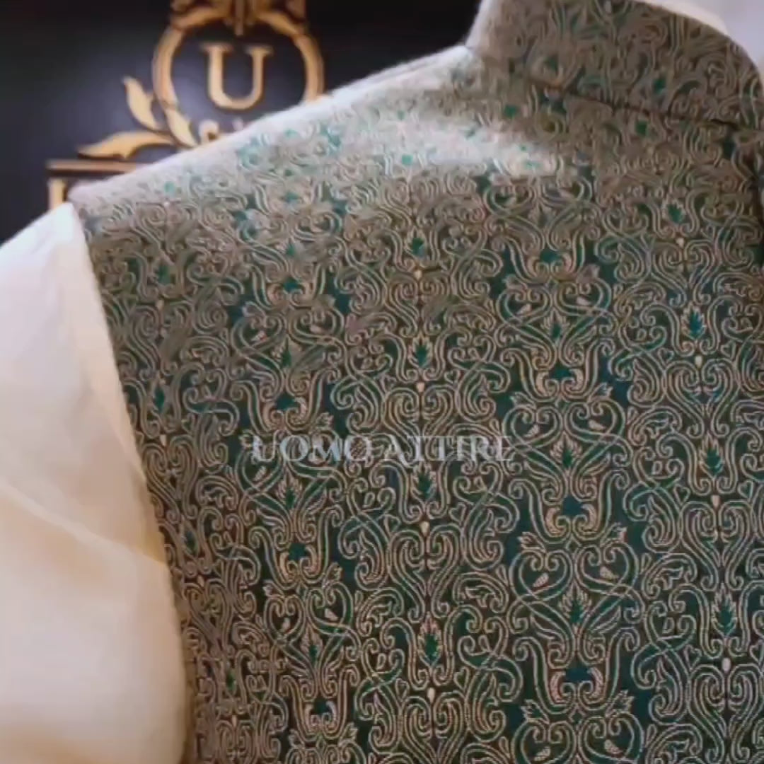 Load and play video in Gallery viewer, Textured green karandi embellished waistcoat | Waistcoat