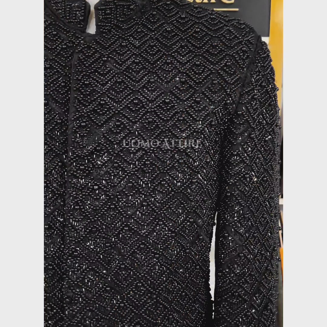 Carica e riproduci video nel visualizzatore Galleria, Luxurious Black Embellished Wedding Sherwani for Groom | Black Sherwani  for Groom