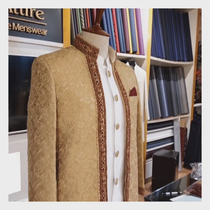Load and play video in Gallery viewer, Regal Golden Luxury Sherwani for the Modern Groom
