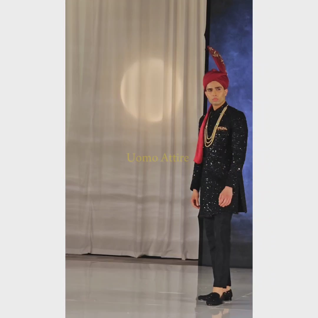 Carica e riproduci video nel visualizzatore Galleria, Jet Black Designer Sherwani Pakcage for Groom  Buy Online in USA and UK