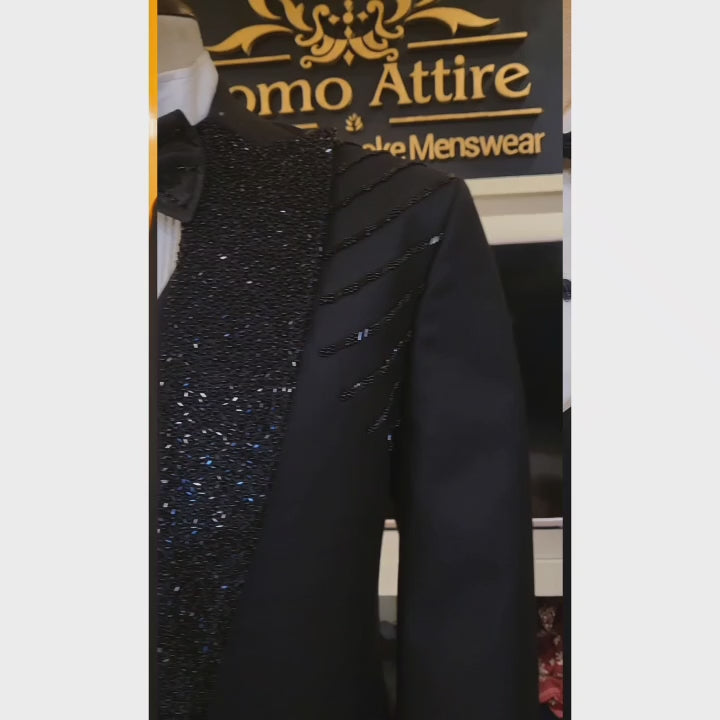 Load and play video in Gallery viewer, Luxurious Customized Jet Black Tuxedo for Groom with Embellished Shawl, Shoulders, and Cuffs