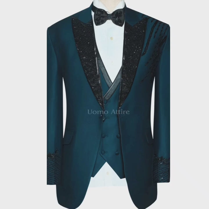 Carica e riproduci video nel visualizzatore Galleria, Luxury Deep Navy Tuxedo with Black Embellishments and Tailored Waistcoat