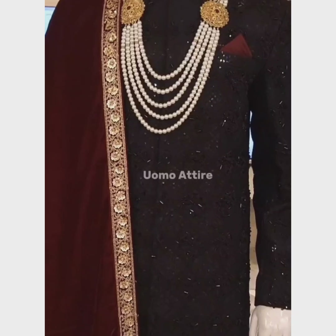 
                  
                    Load and play video in Gallery viewer, Men&amp;#39;s Black Wedding Sherwani For Groom
                  
                