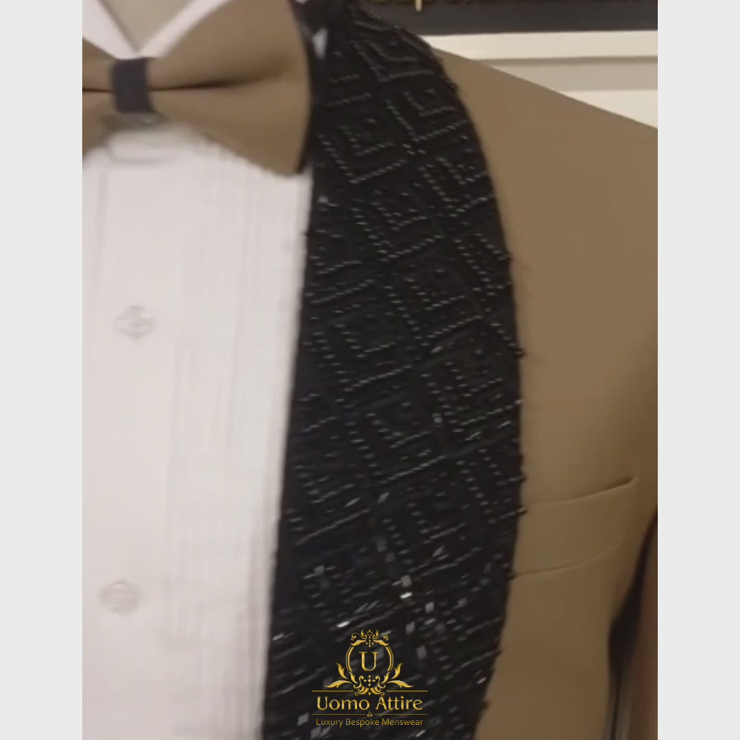 Load and play video in Gallery viewer, Custom-made wedding tuxedo three piece suit with embellished shawl