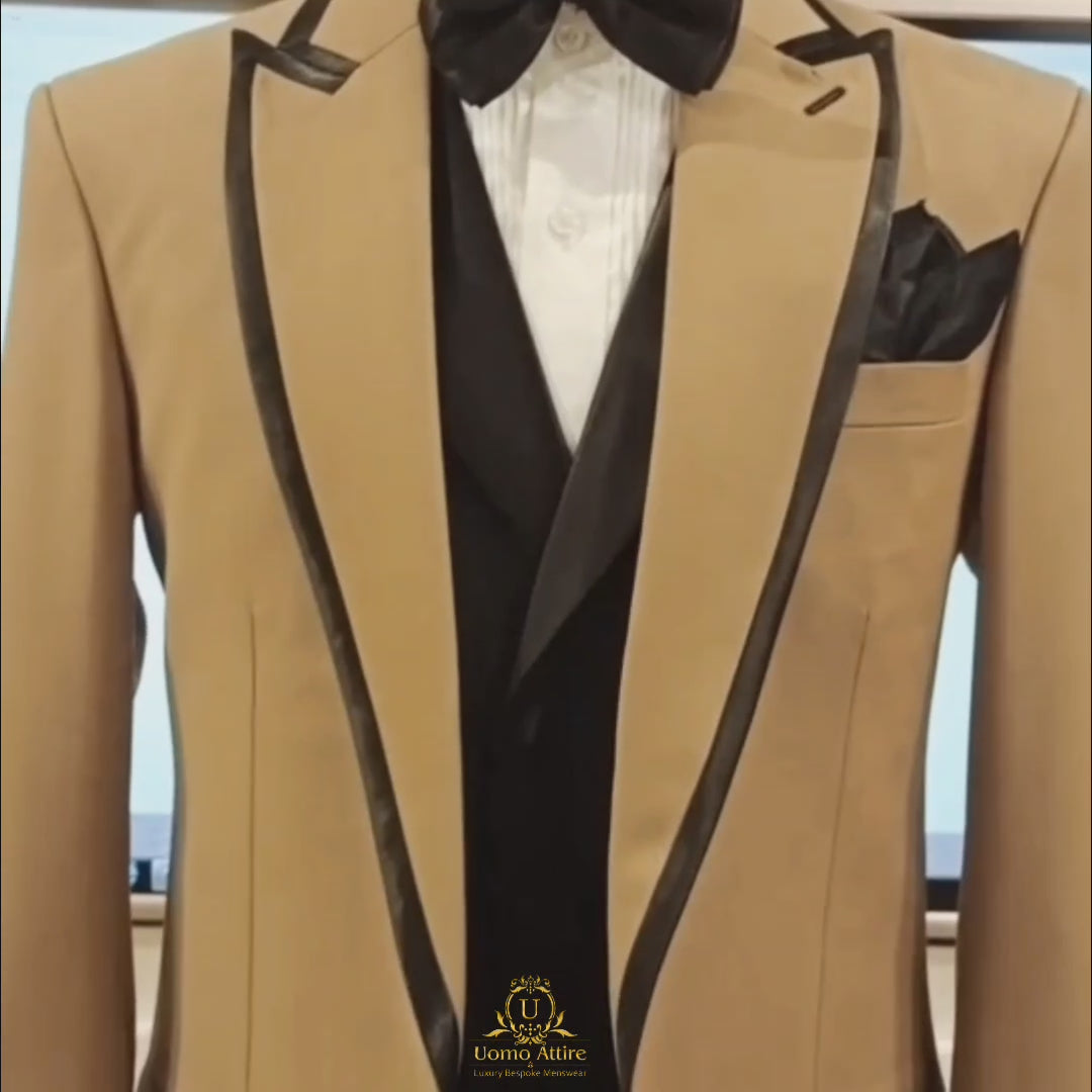 Load and play video in Gallery viewer, custom-tailored-golden-tuxedo-3-piece-suit-with-black-piping | Tuxedo Suit for Men