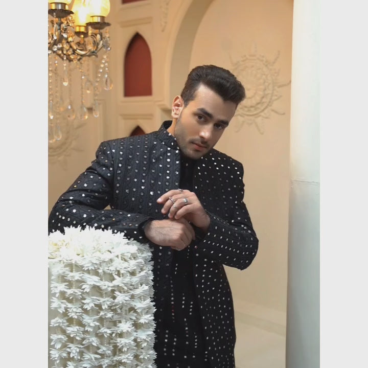 Load and play video in Gallery viewer, Luxury Black Prince Coat with Mirror Work & Black Kurta Pajama
