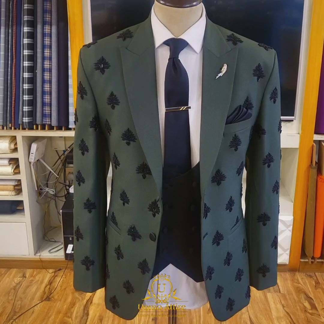 Load and play video in Gallery viewer, Custom-made-embellished-light-green-3-piece-suit | Three piece suit designs