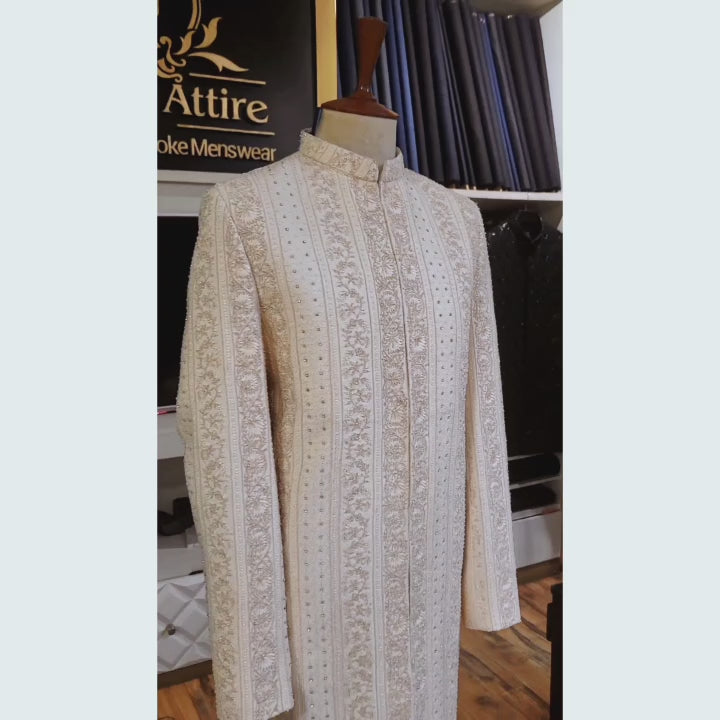 Load and play video in Gallery viewer, Elegant Cream Embroidered Sherwani for Weddings and Special Occasions