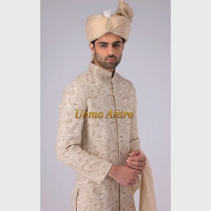Load and play video in Gallery viewer, Exquisite Luxury Embroidered Sherwani for the Groom with Full Jewelry Embellishment