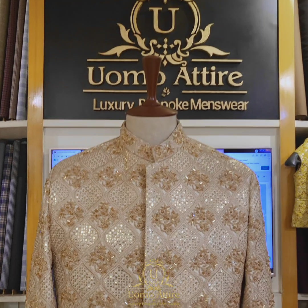 Carica e riproduci video nel visualizzatore Galleria, Fully embellished and embroidered golden prince coat | Prince Coat for Groom and Wedding