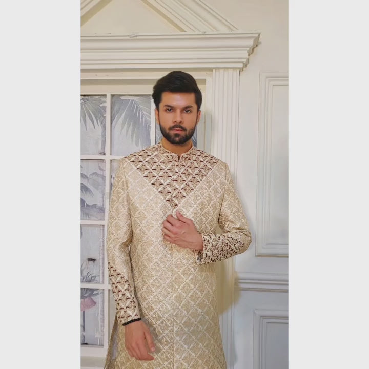 Load and play video in Gallery viewer, Luxury Beige Embroidered Sherwani with Maroon Embellishments for Grooms
