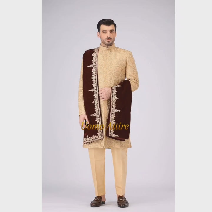 Load and play video in Gallery viewer, Regal Gold Sherwani For Groom Fully Embellishments with Maroon Pagri