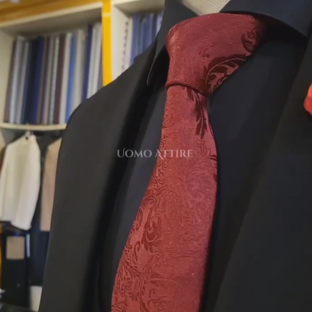 Load and play video in Gallery viewer, Black on Black Wedding Suit for Men with Maroon Accessories